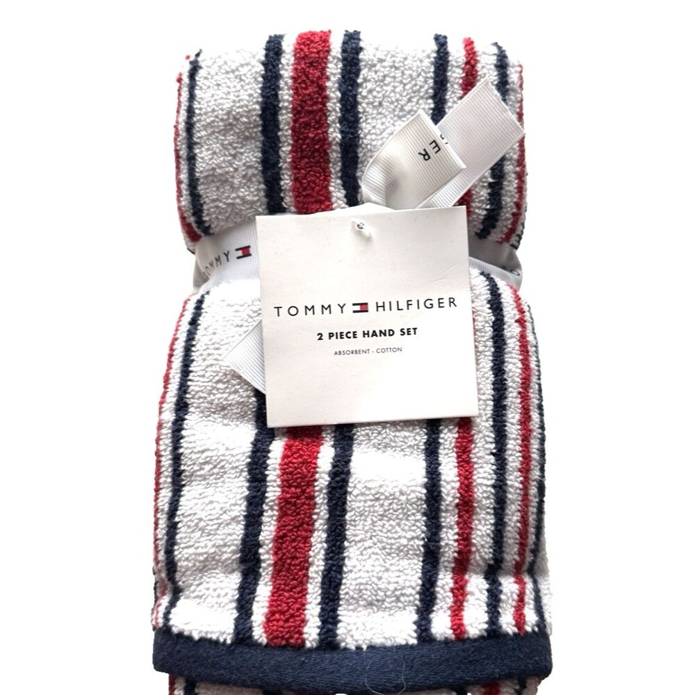 Tommy Hilfiger Hand Towels Set of 2 Bathroom Red White Blue Striped 4th of July